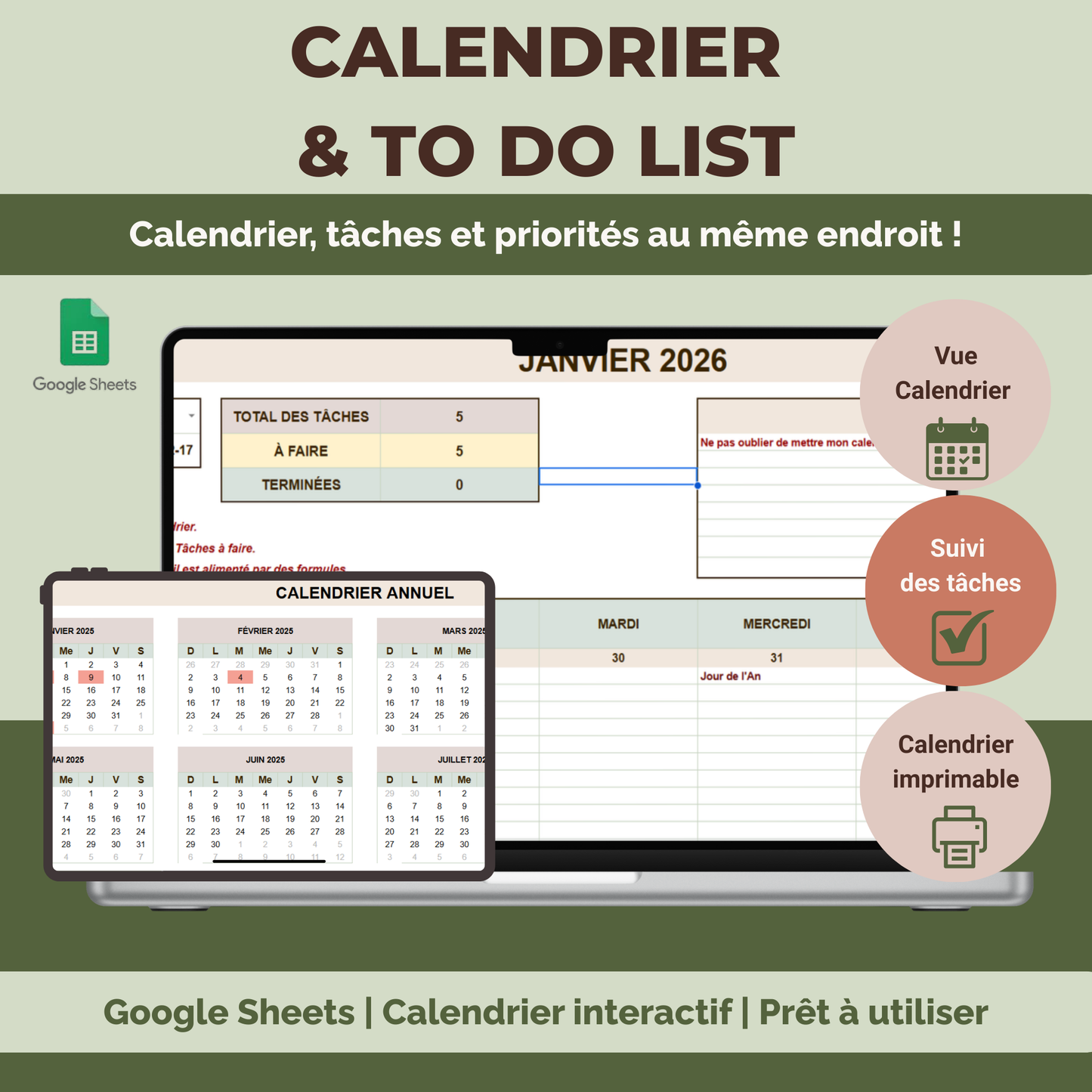 Template Google Sheets calendrier annuel et mensuel - Planification et to-do list combinés