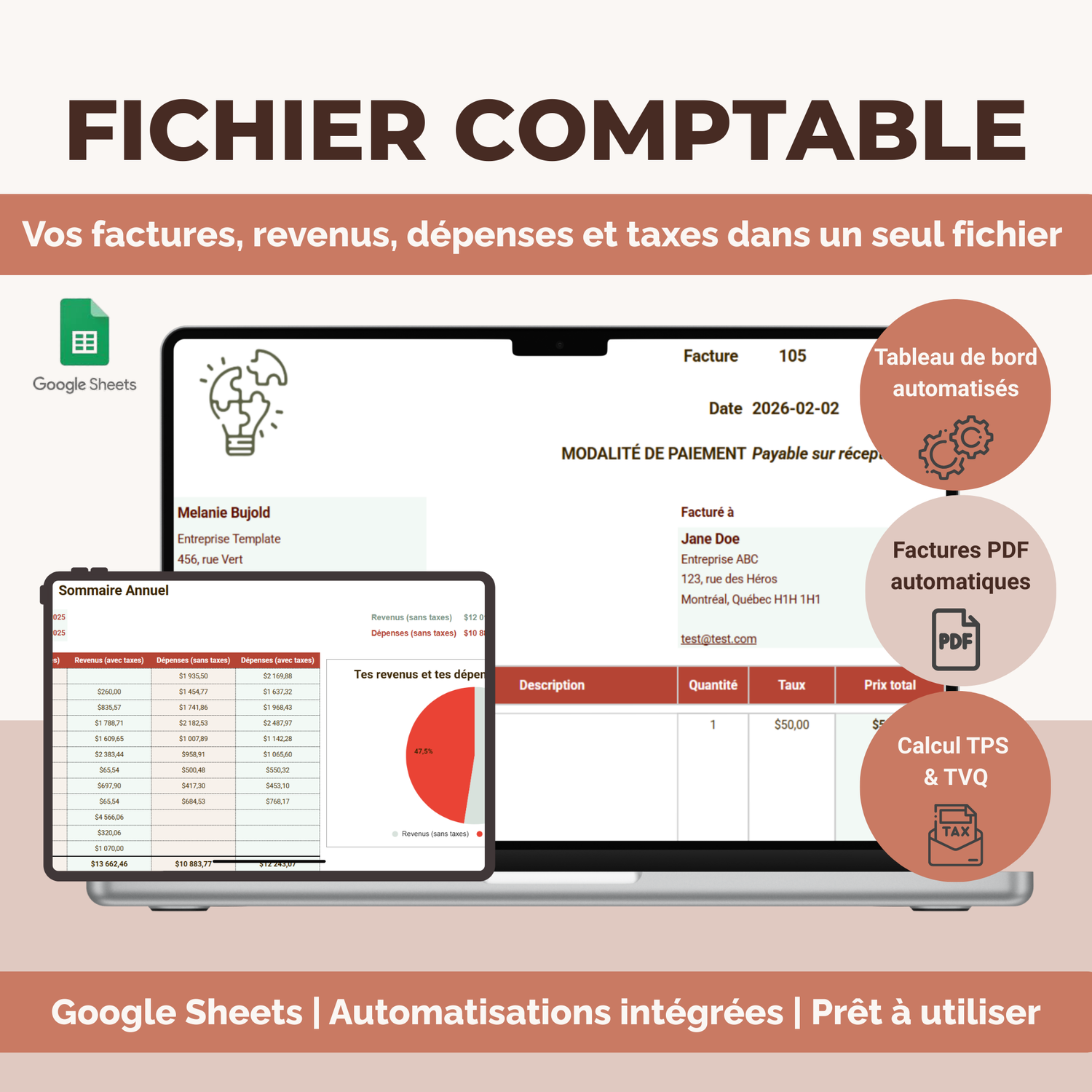 Template Google Sheets comptabilité - Facturation, revenus, dépenses et taxes au même endroit