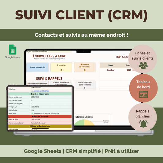 Template Google Sheets CRM simplifié - Suivi client, fiches contacts et tableau de bord