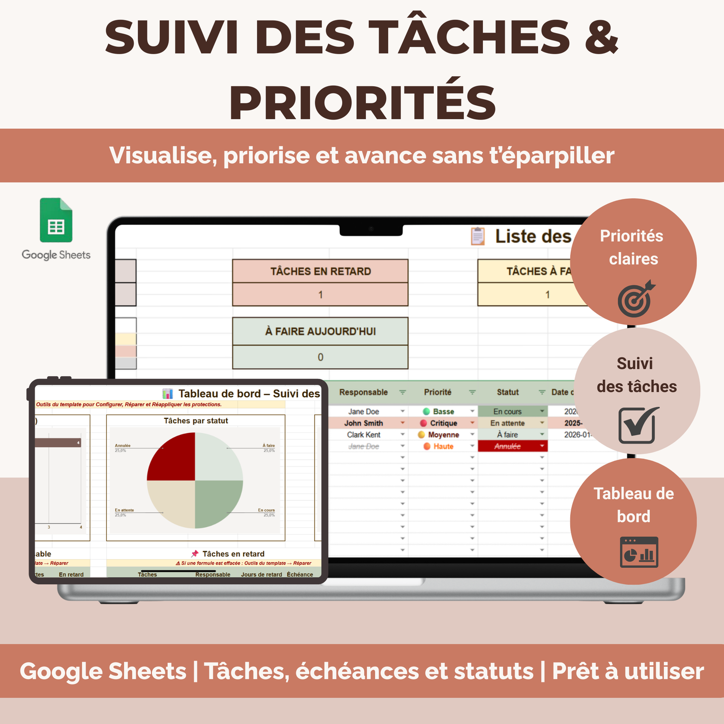 Template Google Sheets suivi des tâches - Gestion des priorités, échéances et tableau de bord